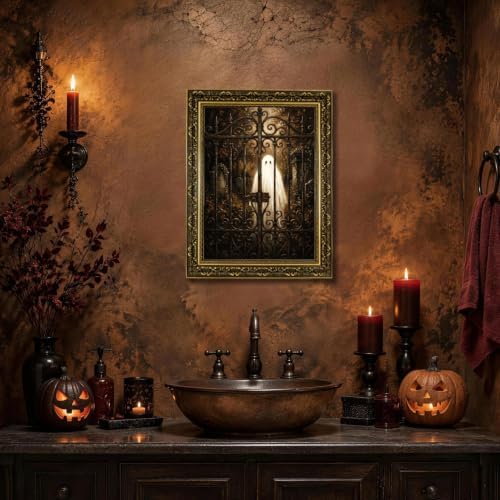 Gold Vintage Framed Ghost Wall Art, Spooky Halloween Cemetery Print