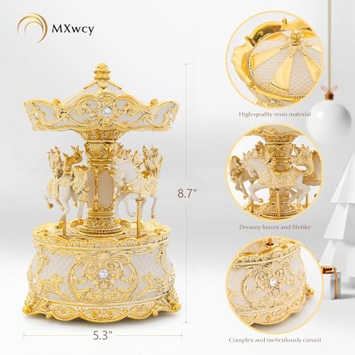 Carousel Music Box Gold & Ivory 8.7" Rotate Christmas Music Box for Kids & Adults, Classic Wind up Cylinder Music Box Valentines Day Gifts for Women Girls Mom Carousel Horse Musical Lantern Home Decor