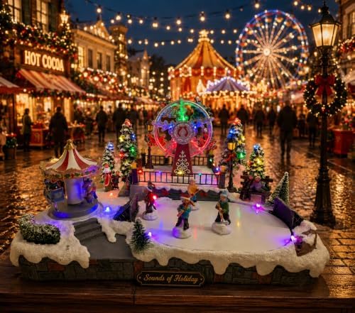 Christmas Village, Animated Carnival Led Rotating Carousel, Rotating Ferris Wheel & Ice Skating Rink