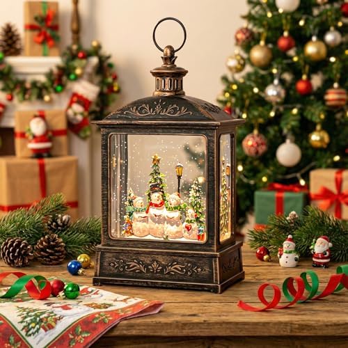 12.5'' Christmas Snow Globe Lantern Lighted Snowman Choir Musical Snowmen Carolers Water Lantern in Swirling Glittering Home Decoration and Gift, Battery Operated or USB Powered
