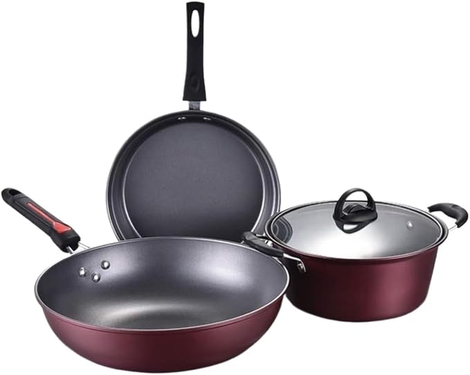 Cookware Set Pots and Pans Set 3Pcs Cookware Set Non-Stick Soup Pot with Glass Lid Wok Frying Pan Wrought Iron Cooking Pot Saucepan Set Kitchen Cooking Pot Set Cooking Pa(