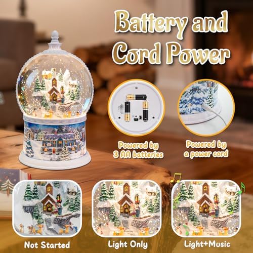 DGSCAK Large Carousel Snow Globe, Lighted Glitter Christmas Village with Santa Elk Sleigh, Musical Snow Globe 8 Songs, 6H Timer, USB or Battery Powered, Holiday Table Décor