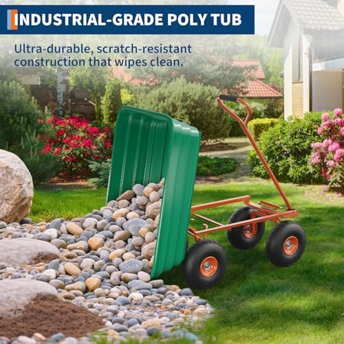 Heavy-Duty 600 lb 4 Cu.Ft. Poly Garden Dump Cart with 180° Rotating Handle & 10" No-Flat Tires – Green Bucket with Orange Accents