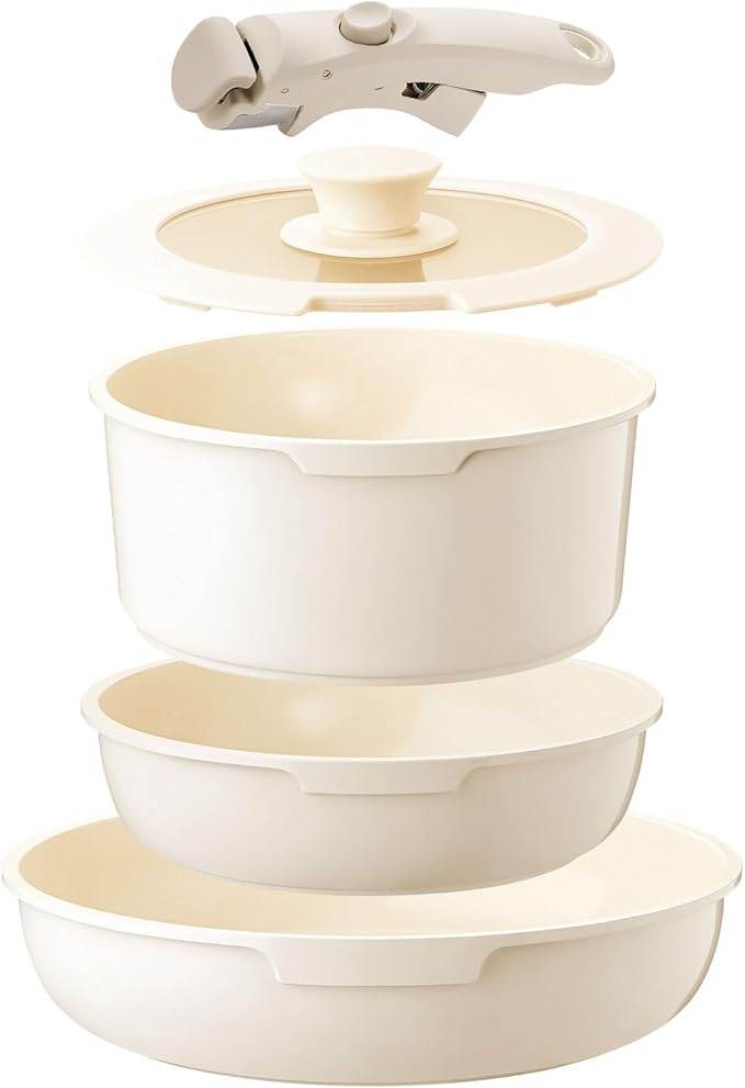 White Non-Stick Ceramic Cookware Set, 5-Piece Pots and Pans Set with Detachable Handles, Perfect for Everyday Cooking, RV Camping, and Compact Kitchens, Induction Compatible, PFOA & PTFE Free