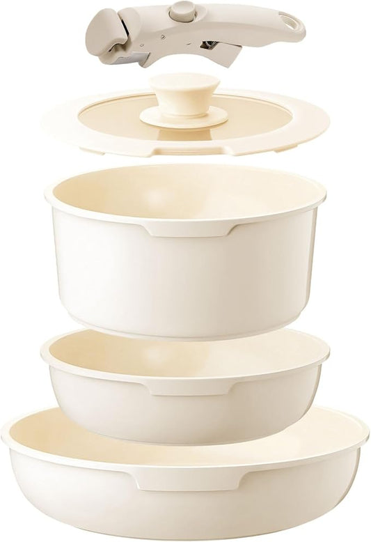 White Non-Stick Ceramic Cookware Set, 5-Piece Pots and Pans Set with Detachable Handles, Perfect for Everyday Cooking, RV Camping, and Compact Kitchens, Induction Compatible, PFOA & PTFE Free