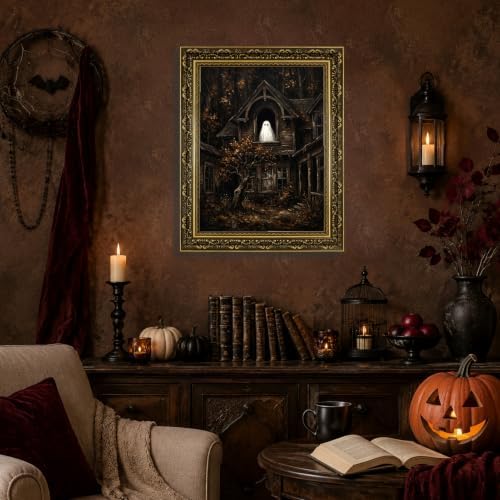 Gold Vintage Framed Ghost In Window Wall Art, Spooky Halloween Home Decor