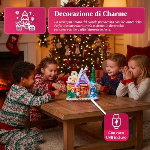 Avilia Northlight Christmas Village with LED Lights, Rotating Tree and Christmas Music, Hand Painted Decoration with USB Cable and Batteries, Luminous Animated Village for Home or Holiday Gift