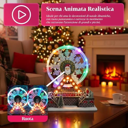 Avilia Joywheel Animated Ferris Wheel for Christmas Village, Christmas Carousel with Colorful LED Lights and Music, Battery Operated Hand Painted Decoration for Home, Table or Unique Holiday Gift
