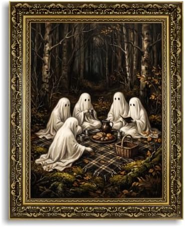 Gold Vintage Framed Ghost Picnic Wall Art, Whimsical Halloween Forest Print