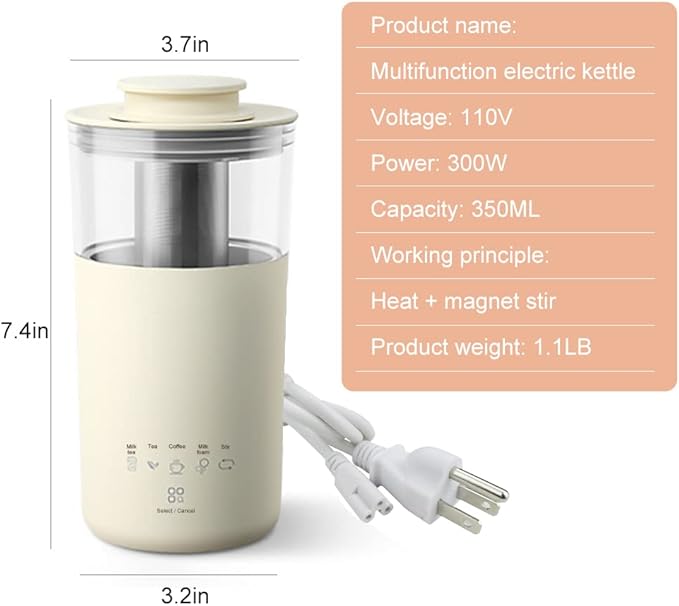 5-In-1 Portable Electric Kettle DIY Differen Drinks, 110V Milk Tea Machine Coffee Maker Auto Stir Milk Foam Maker 350ML Personal Travel Mug, 7Minutes Fast Boiling