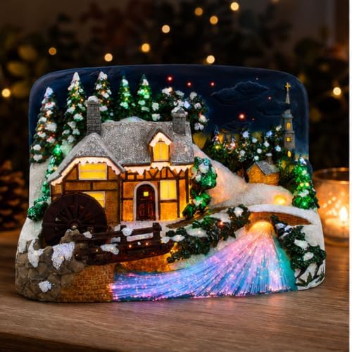 Lighted Christmas Village House with Sawmill – LED Fiber Optic Christmas Village Building – Color Changing Lights, Rotating Water Wheel, Holiday Tabletop Christmas Decoration – 11"W x 8"H x 7"D