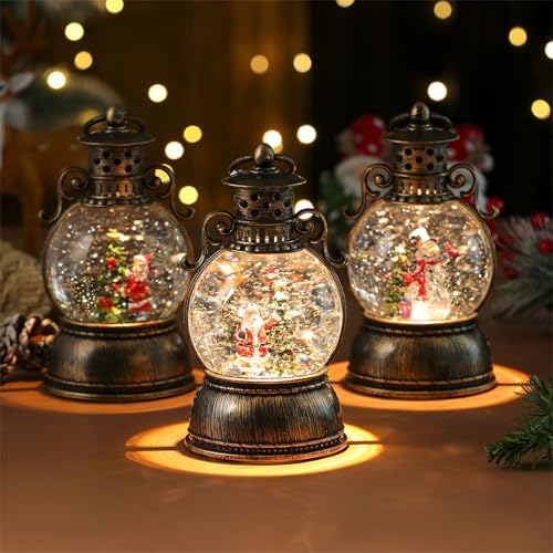 Christmas Snow Globe Lantern, Christmas Snow Globes with Rotating Base, Glitter Swirling Musical Box with Musical LED Lights, Battery Operated & USB Powered Christmas Lanterns for Table Party Decor