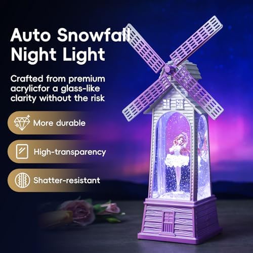 Windmill Christmas Snow Globes Ballerina, Rotating Shatterproof Music Box