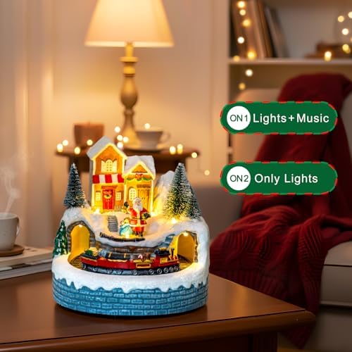 ZQQLITE Animated Collection Figurines Musical Santa Clau Christmas Village Houses with Rotating Train, Lighted Christmas Collection Figurines for Home Tabletop Decorations Ornaments Gifts