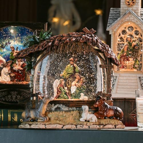Nativity Snow Globe Music Box Holy Family, Shatterproof Swirling Glitter