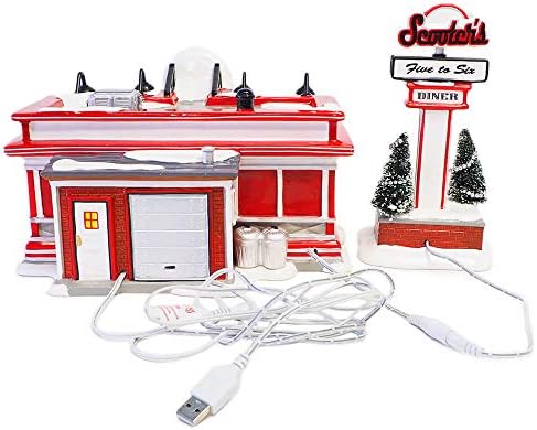 Department 56 Sisal, Plastic, Dolomite Original Snow Village Scooter's Diner Animated Lit Building and Accessory Set, 6.1 Inch, Multicolor