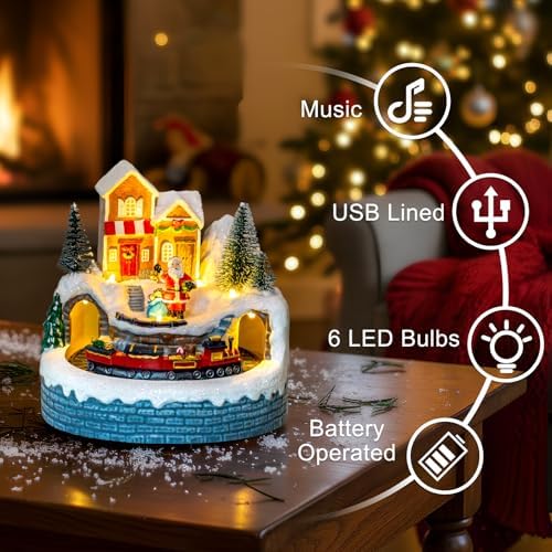 ZQQLITE Animated Collection Figurines Musical Santa Clau Christmas Village Houses with Rotating Train, Lighted Christmas Collection Figurines for Home Tabletop Decorations Ornaments Gifts