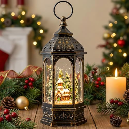 Christmas Snow Globe Lantern Lighted Church Musical Snow Water Lantern Swirling Glittering Home Decoration and Gift, Battery Operated or USB Powered