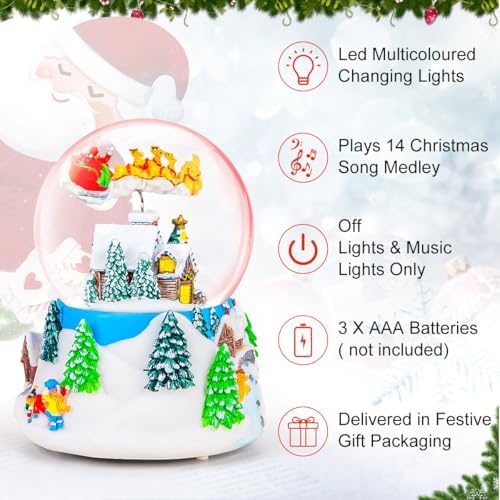 Christmas Snow Globe Music Box with Santa Flying Over Village, Lighted Musical Christmas Decoration with Snowfall Glitter Effect, 14 Christmas Melodies, Holiday Tabletop Mantel Decor