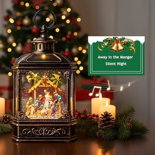 Christmas Snow Globe Lantern Lighted Adoration of The Magi Nativity Manger Scene, Musical Water Lantern Play Silent Night Music in Swirling Glitter, Holiday Decorations Gift