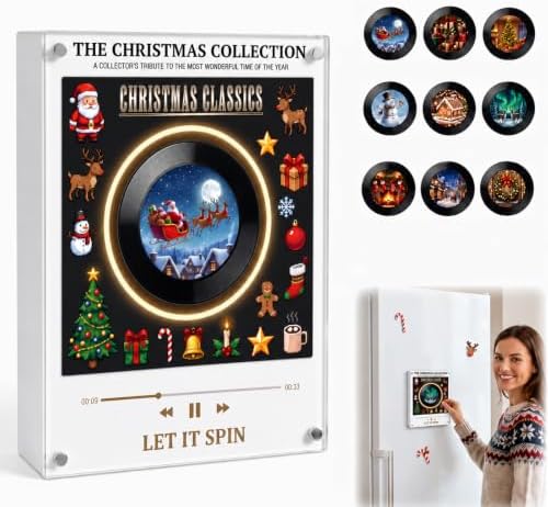 Refrigerator Music Player, Magnetic Refrigerator MP3 Music Box with 9 CDs, Rotating Vinyl Disc, LED Ambient Light, USB-C Customizable Song Player, Christmas Kitchen Decor Gift