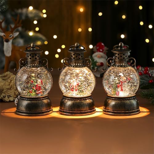 Christmas Snow Globe Lantern, Christmas Snow Globes with Rotating Base, Glitter Swirling Musical Box with Musical LED Lights, Battery Operated & USB Powered Christmas Lanterns for Table Party Decor