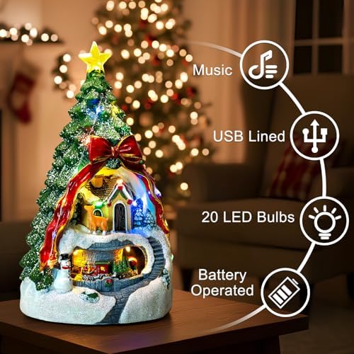 ZQQLITE Animated Collection Figurines Musical Christmas Tree Spinning Train Deer Snowman with Rotating Train, Lighted Christmas Collection Figurines for Home Tabletop Decorations Ornaments Gifts