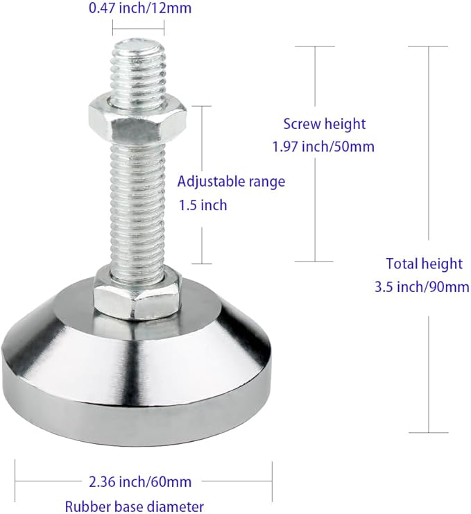 Machine Leveling feet, Heavy Duty Leveler Leg 2.36" Dia. Base, Leg Leveler M12 Thread, 2600 Lb Capacity,Capacity for Workbench, Machine, Cabinet (D60xM12x50,2 Pack, Silvery)