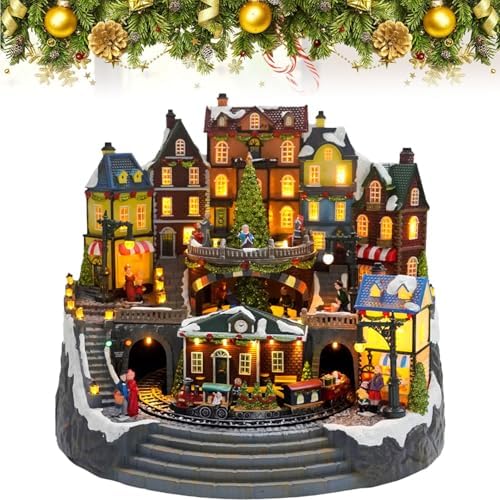 Christmas Village Houses, Rotating Train with Rotating Christmas Tree and Peoples Lighted Musical Christmas Village Collectible Building for Xmas Indoor Decorations or Holiday Table Displays