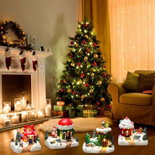 Holiday Seasonal Musical House Resin Ornament with Colorful LED Light Christmas Rotating Figurines Statue Desktop Decors LED Light Christmas Ornament