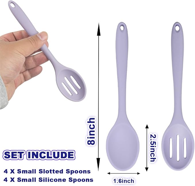 8 Pcs Heat Resistant Non Stick Silicone Serving Spoons Set -Ideal for Cooking, Baking, Mixing, Stirring Includes Slotted & Solid Spoons, Design for Nonstick Cookware (Purple)