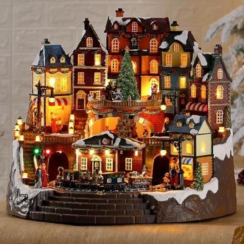 Christmas Village Centerpiece Decor, with Rotating Christmas Tree and Animated Train, Featuring LED Lights, Christmas Music, Indoor Display Figurines Tabletop Decorations