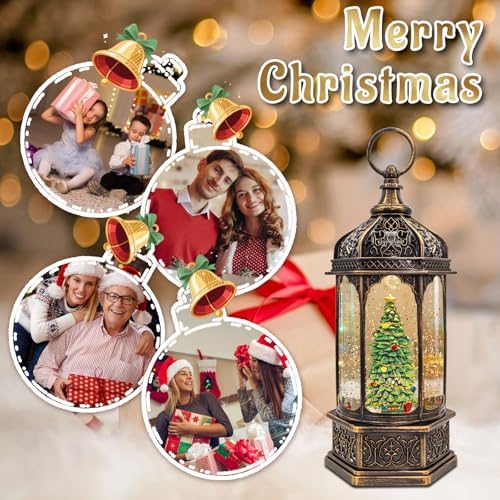 DGSCAK Lighted Musical Christmas Snow Globe Lantern, 11.6" Rotating Christmas Tree Snow Globe with 8 Songs, 6H Timer, Hanging Ring, Bronze Musical Box Decor