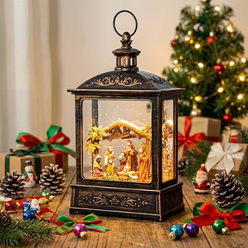 12.5'' Christmas Snow Globe Lighted Manger Nativity Scene, Musical Water Lantern Play Silent Night Music in Swirling Glitter, for Home, Battery Operated or USB Powered