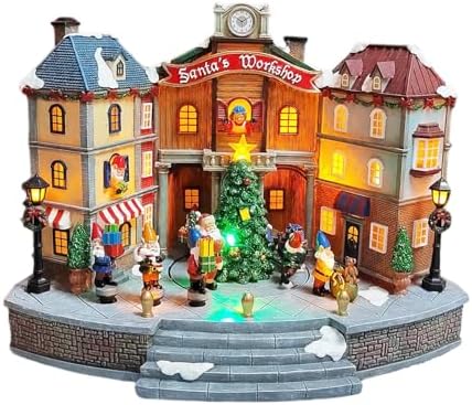 MOMENTS IN TIME Animated Santa’s Workshop Town Center 10.83” LED Lights, Moving Christmas Tree, 8 Classic Carols, Power Adapter Included Hand-Painted Polyresin Christmas Village