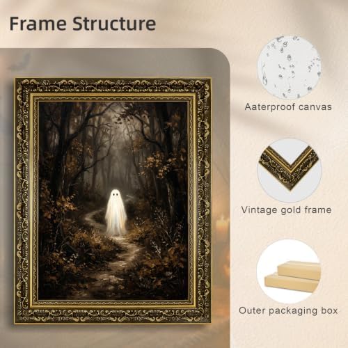 Gold Vintage Framed Ghost In Forest Wall Art, Whimsical Halloween Decor