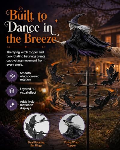 The Enchanted Witch Garden Wind Spinner, Halloween Outdoor Metal Yard Stake with Flying Witch and Bat Rings, Kinetic Yard Decor for Lawn, Patio, Front Porch and Seasonal Garden Display