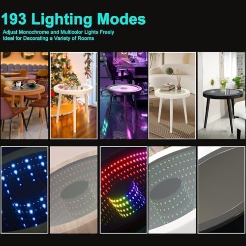 HANYEE Small Circle Coffee Table, Infinity Mirror Table, Small Round Side Table, for Home Living Room, Office,Tempered Glass Surface with RGB LED Lighting Smart Control, Office and Bedroom-Grey
