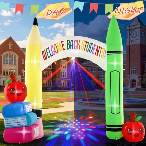 10FT Back to School Inflatable Archway Outdoor Decoration with Color Rotating Lights, Waterproof Blow Up Pencil Yard Lawn Patio First Day of School Party Decoration for Kindergarten Elementary School