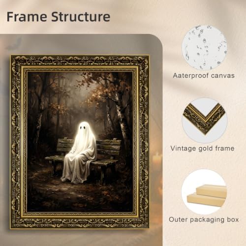 Gold Vintage Framed Ghost Wall Art, Spooky Forest Halloween Decor