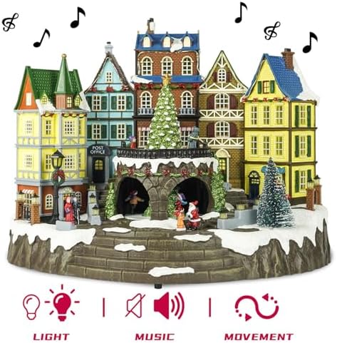 Christmas Village House, Christmas Town Village Sets, Colourful LED Lights with Christmas Music, Rotating Christmas Trees, for Holiday Displays, Indoor Decoration, Thoughtful