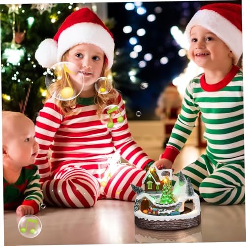 Christmas Village Figurines, 4.7x6.1inch Resin Christmas Village House with Rotating Train & Xmas Tree, Light up Musical Animated Display Collectible House for Home Tabletop Decorations