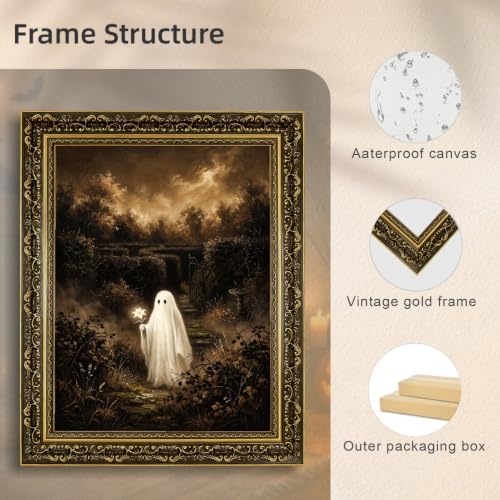 Gold Vintage Framed Ghost Wall Art, Whimsical Halloween Nature Print