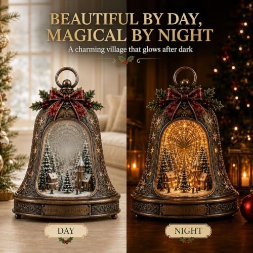 Christmas Village Infinity Bell, Villas Navideñas, Vintage Glowing Indoor Decor, Rotating Snowy Tree, Warm Clear Wreath Angel, Heart Remembrance Charm, Winter Centerpiece Gift(2PCS)
