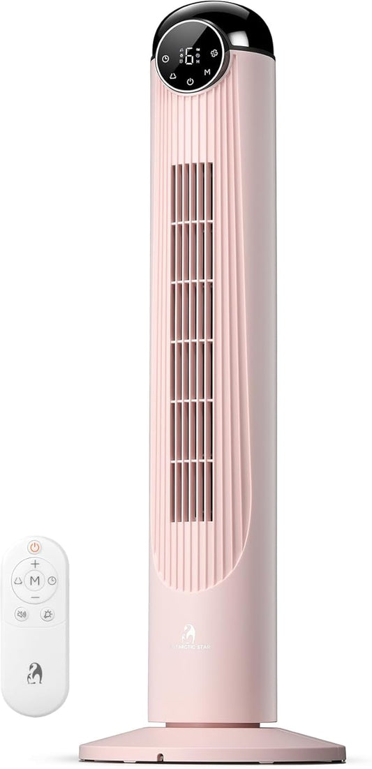 Antarctic Star T36 Tower Fan-36 Inch, Bladeless Oscillating Fan with Remote, 6 Speeds & 4 Modes, LED Display, 9H Timer, Quiet Floor Standing Fan for Bedroom Living Room Office, Pink