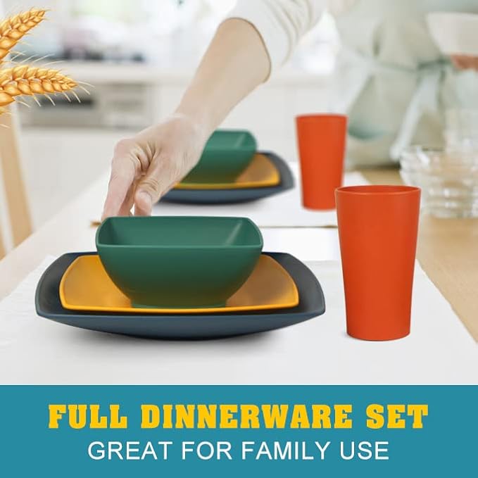 Teivio 48-piece Kitchen Plastic Wheat Straw Square Dinnerware Set for 12, Unbreakable Dinner Plates, Salad Plates, Snack Bowls, Cup 13.5 oz, Dishwasher Safe Dinning RV Essentials, Autumn Multicolor