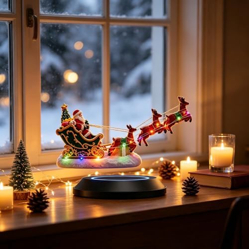 Floating Santa Sleigh with Reindeer, Magnetic Levitation LED Ornament
