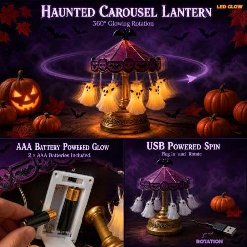 Halloween Ghost Carousel Night Light, Spooky Multicolor Ghost Decor Lamp