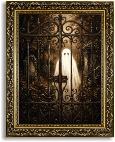 Gold Vintage Framed Ghost Wall Art, Spooky Halloween Cemetery Print