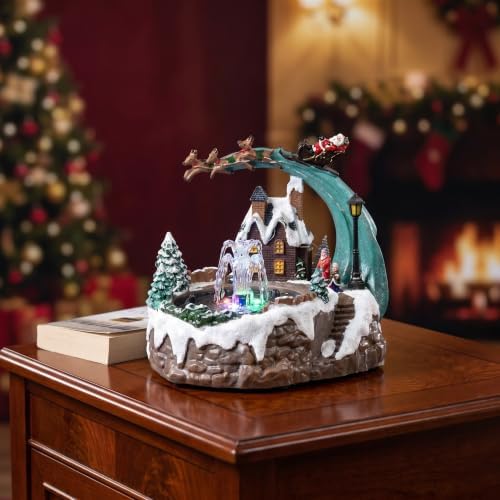 Kisangel Christmas Village House Musical Box: Rotating Xmas Tree with Glowing Lights & Water Spray, Resin Holiday Table Centerpiece Collectible for Seasonal Decor